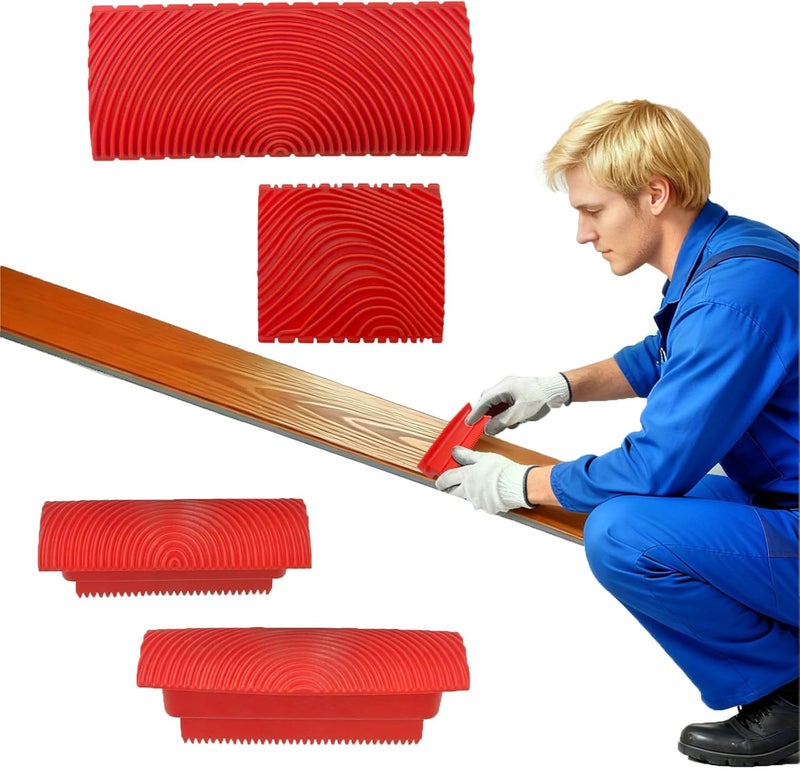 KingOrigin King Origin 4pcs Wood Grain Tool Set - 4 Inch Rubber Paint Rollers for Realistic Wood Texture | DIY Faux Wood Look on Desk/Door/Floors | Durable & Washable Graining Tools - Image 1